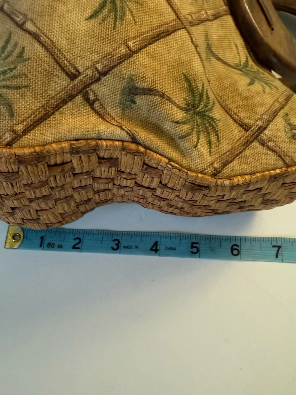 Vintage Fossil Tropical Palm-tree Print Canvass & Straw Bag w Wood Handles - Picture 11 of 15